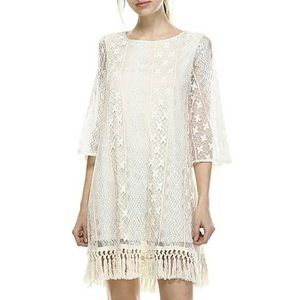 Boho Cream Lace Fringe Tunic Mini Dress